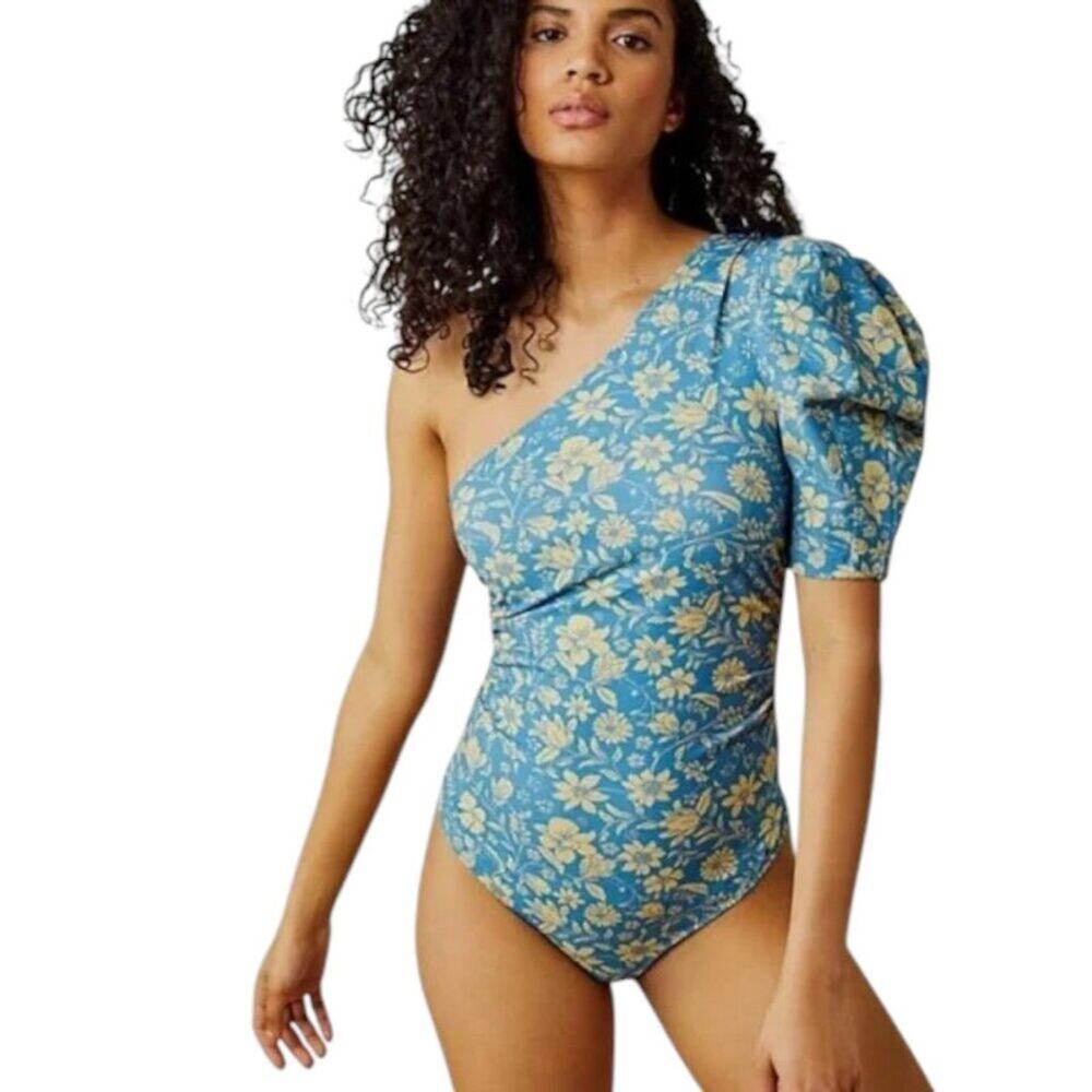 NWT Free People Somethin Bout You One Shoulder Floral Blue Bodysuit Size S Small